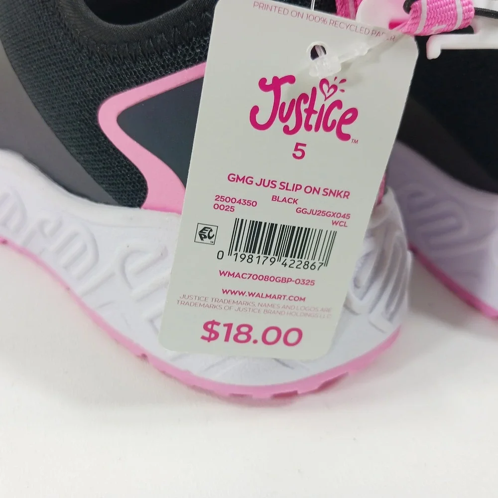 Justice Sport Girls Slip On Sneakers Black Pink Iridescent Size 5 GMG JUS SNKR